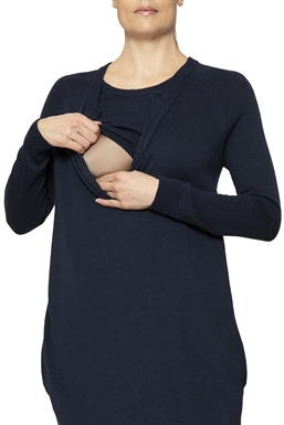 Blue breastfeeding dress with pockets in mulesing-free Merino wool - seen with breastfeeding access