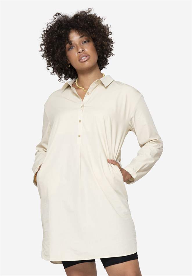 Beige loose nursing dress - Shirt look in organic cotton, front view
