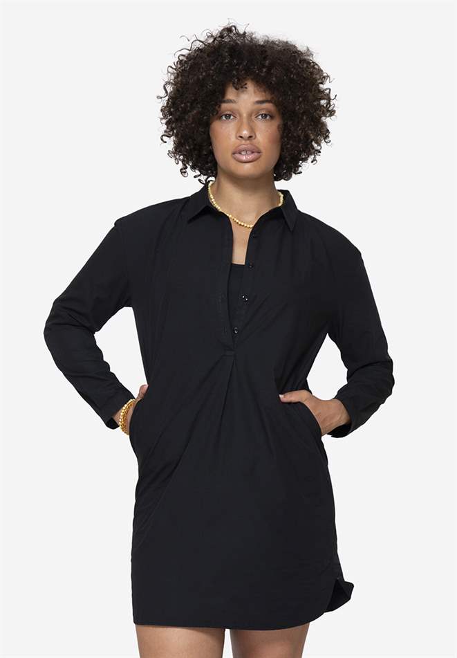 Black loose Nursing dress – shirt look in organic cotton, front view