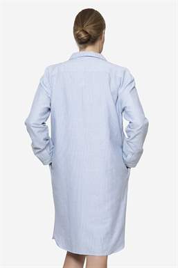 Bluestribed loose nursing dress in organic cotton - seen from behind