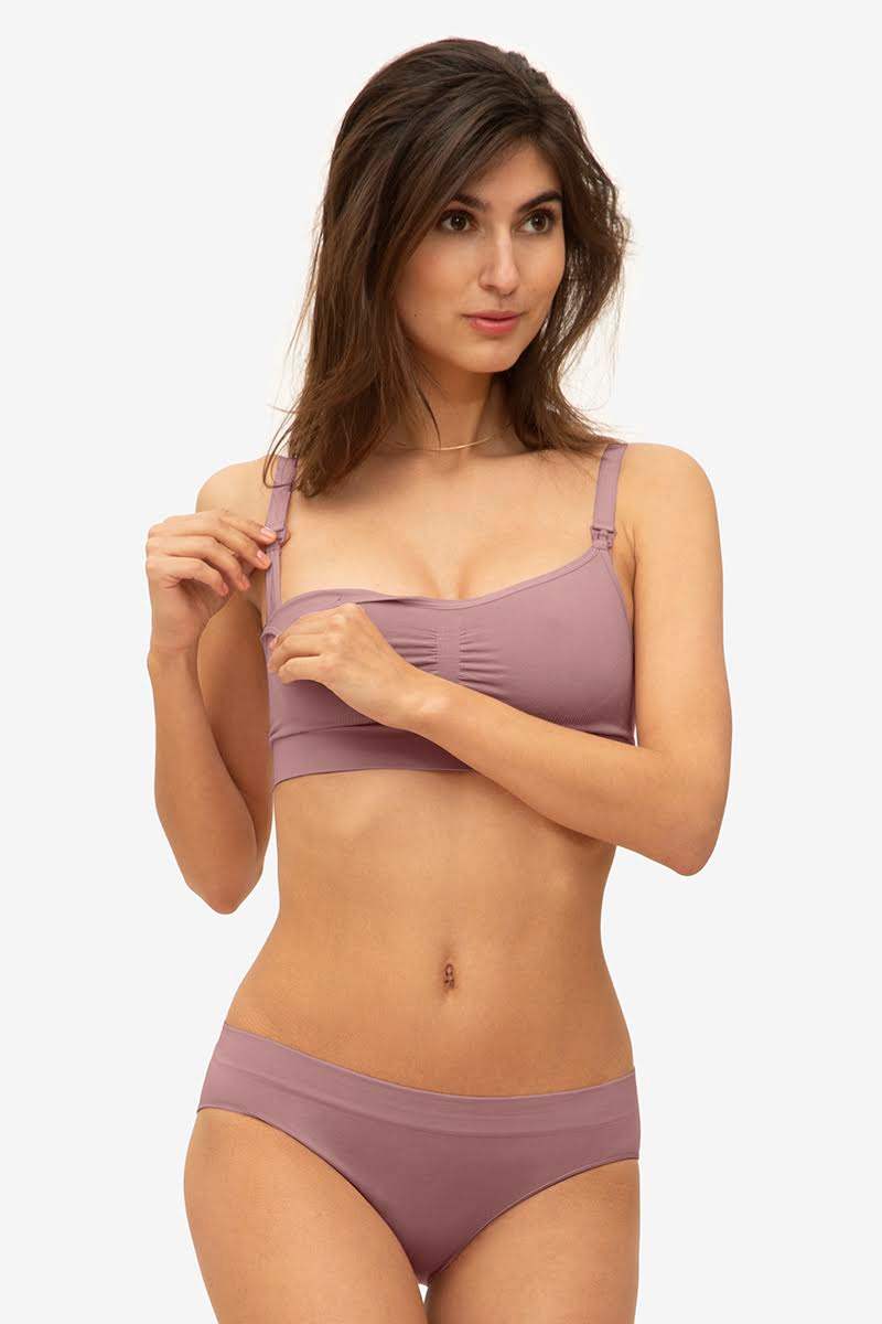 Brown/purple nursing bra with a click opening