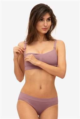 Brown/purple nursing bra with a click opening in Organically grown bamboo - Breastfeeding access