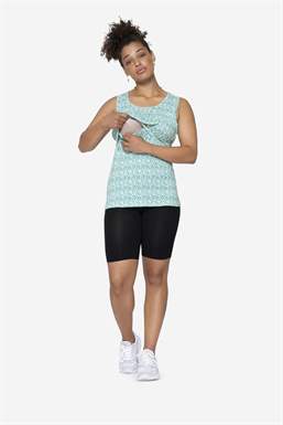 Green floralprint nursing top with pleats at the chest in organic bamboo, with nursing function full figure