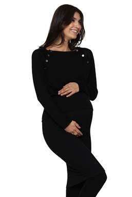 Black knitted nursing jumper with boot neck in 100% Merino wool - with belly