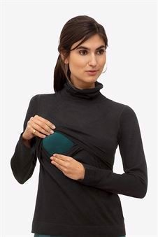 Black nursing top with roll neck -seen with breastfeeding access