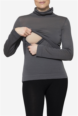 Grey turtleneck breastfeeding jumper in Merino wool - seen with breastfeeding function