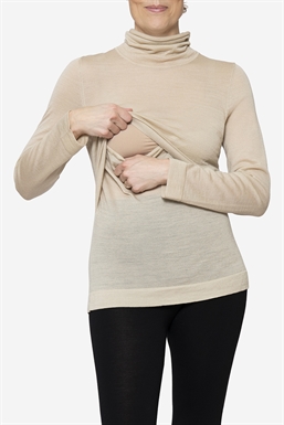 Beige nursing top with turtleneck - seen with breastfeeding function