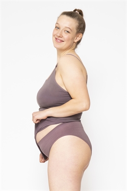 Purple/brown nursing top with built-in bra in Organically grown bamboo, seen from the side