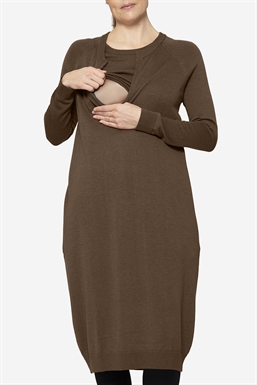Brown breastfeeding dress in mulsig-free Merino wool - with breastfeeding access