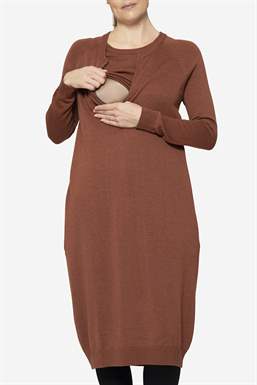 Brown breastfeeding dress with pockets and zipper nursing opening in Merino wool/viscose - Seen with nursing function