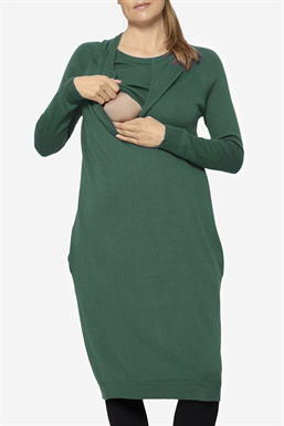 Green breastfeeding dress with pockets in Merino wool - With Breastfeeding access