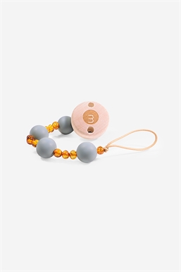 Pacifier cord with cognac amber beads and blue silicon beads - seen in movement