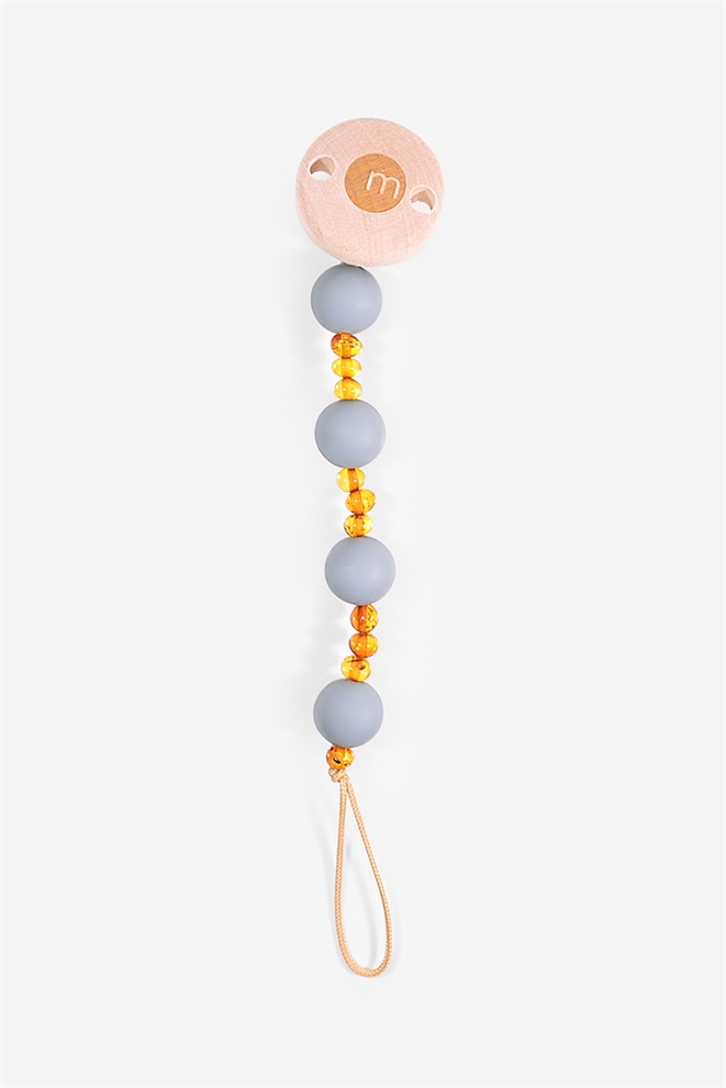 Pacifier cord with cognac amber beads and blue silicon beads - seen vertical