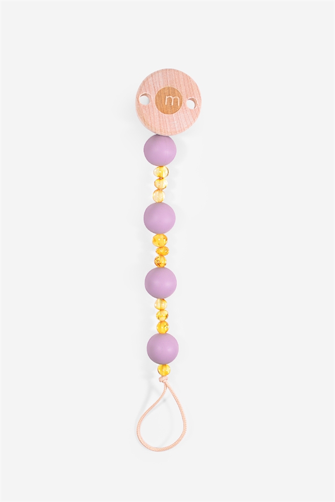 Pacifier cord with honey amber beads and purple silicon beads