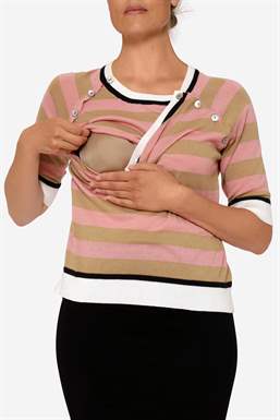 Striped nursing blouse with short sleeves in organic cotton knit, with nursing function