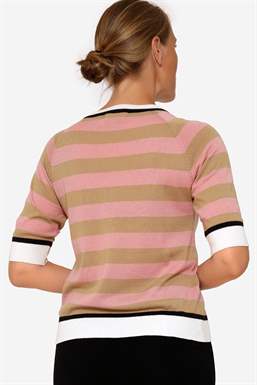Striped nursing blouse with short sleeves in organic cotton knit, seen from behind