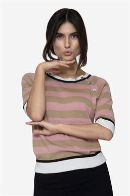 Striped nursing blouse with short sleeves in organic cotton knit, front view