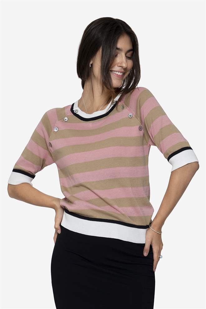 Striped nursing blouse with short sleeves in organic cotton knit, full figure