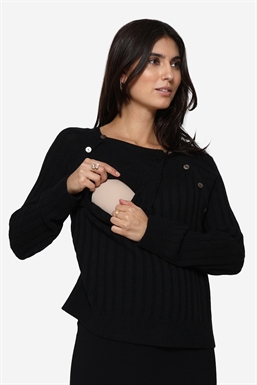 Black nursing blouse in rib knit and Merino wool - Breastfeeding access