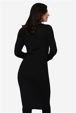 Black Merino wool nursing dress in rib knit and with V-neck - Seen from behind