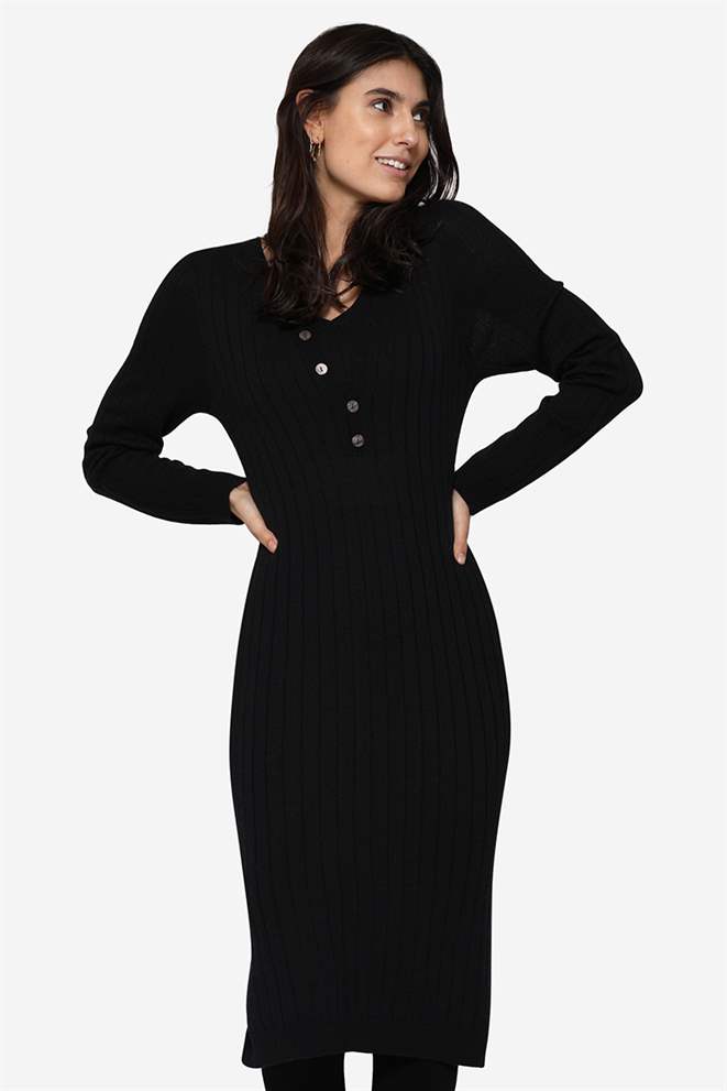 Black Merino wool nursing dress in rib knit and with V-neck - Front view