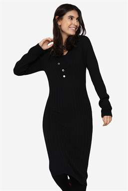 Black Merino wool nursing dress in rib knit and with V-neck - Full figure