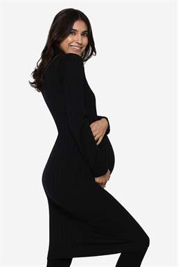 Black Merino wool nursing dress in rib knit and with V-neck - Pregnant