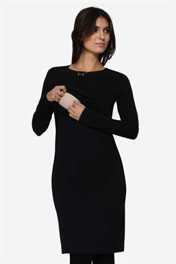 Black nursing dress with O-neck and made of Merino wool - With breastfeeding access