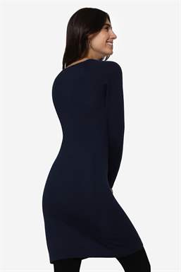 Blue nursing dress with long sleeves and round neck in Merino wool - Seen from behind