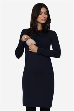 Blue nursing dress with long sleeves and round neck in Merino wool - Breastfeeding access