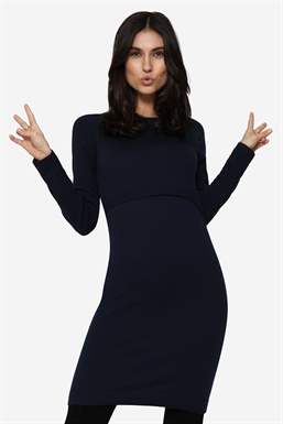 Blue nursing dress with long sleeves and round neck in Merino wool - Front view