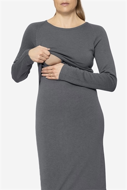 Grey breastfeeding dress in Merino wool, with breasfeeding access