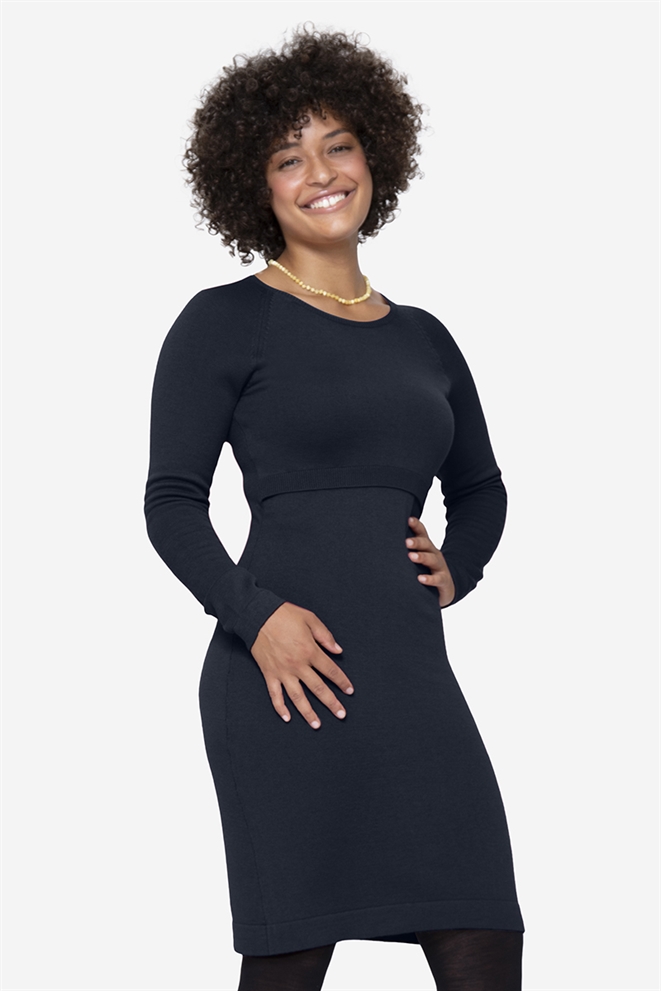 Blue nursing dress with long sleeves and round neck in Merino wool - Front view