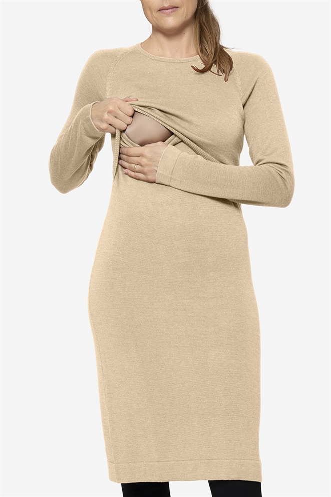 Beige nursing dress in Mulesing-free Merino wool - Seen with breastfeeding access