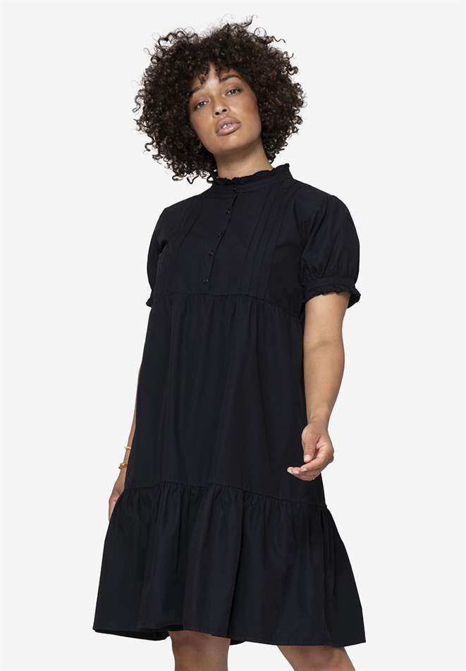 Black loose nursing dress in organic cotton, front view