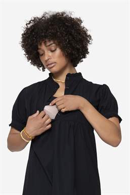 Black loose nursing dress in organic cotton, with breastfeeding access