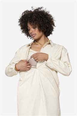 Beige loose nursing dress - Shirt look in organic cotton, with breastfeeding access