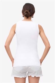 White nursing top with a deep round neck and wide straps - Seen from behind