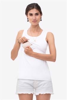 White nursing top with a deep round neck and wide straps - Access for breastfeeding