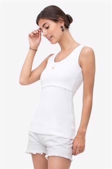 White nursing top with a deep round neck and wide straps - Front view