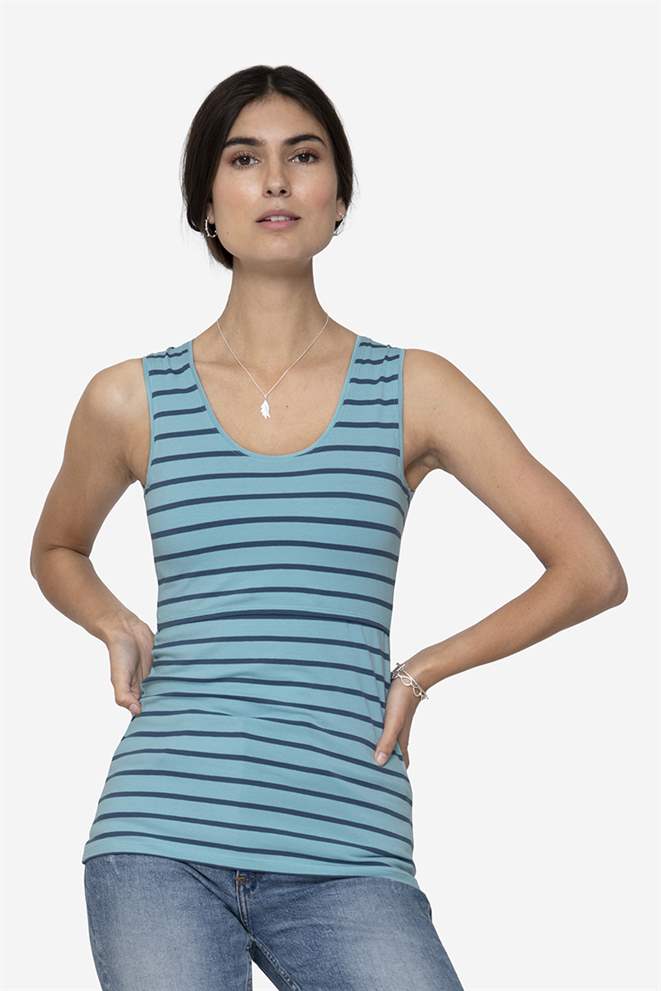 Turquoise nursing top with blue stripes made of soft organic cotton, front view