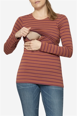 Brown striped breastfeeding blouse in organic cotton - seen with breastfeeding function