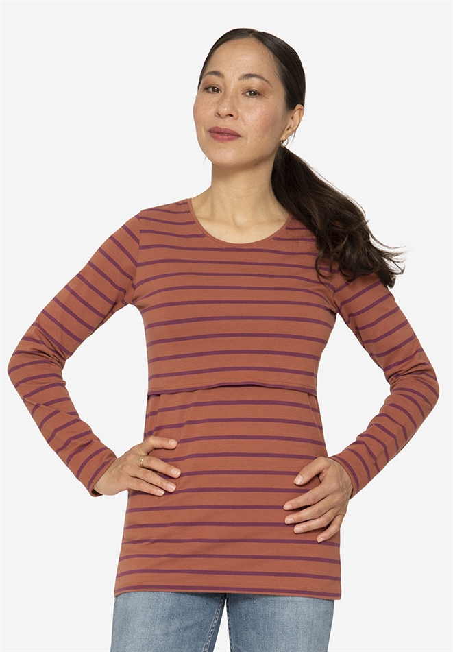 Burgendy striped breastfeeding blouse in organic cotton, front view