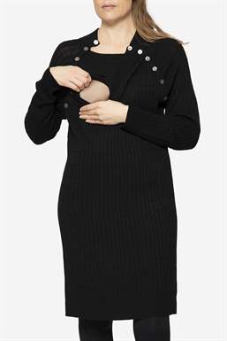 Black turtleneck nursing dress in Mulesing free Merino wool - Seen with nursing function