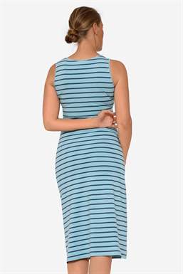 Long nursing dress with green stripe in organic cotton, seen from behind