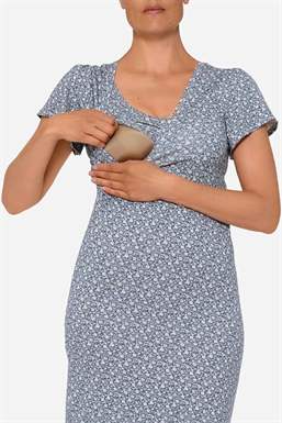 Blue breastfeeding dress with butterfly sleeves in organic bamboo jersey, with nursing function