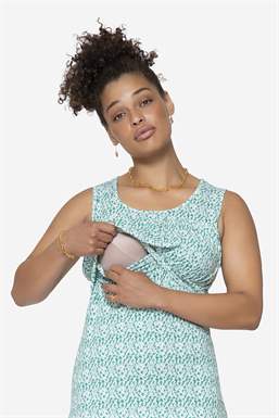 Green floralprint nursing top with pleats at the chest in organic bamboo, with nursing function