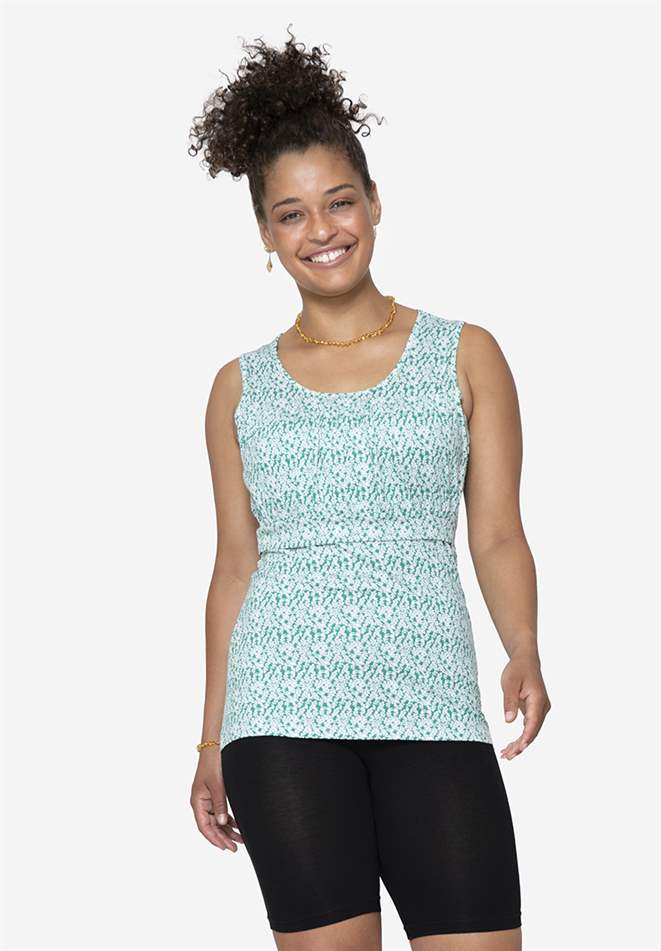 Nursing top with pink flower print in bamboo jersey, front view