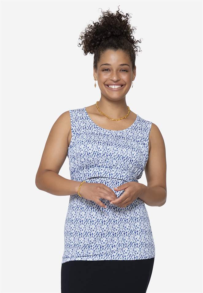 Blue floralprint nursing top with pleats at the chest in organic bamboo, front view