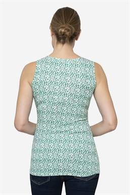 Green floralprint nursing top with pleats at the chest in organic bamboo, seen from behind